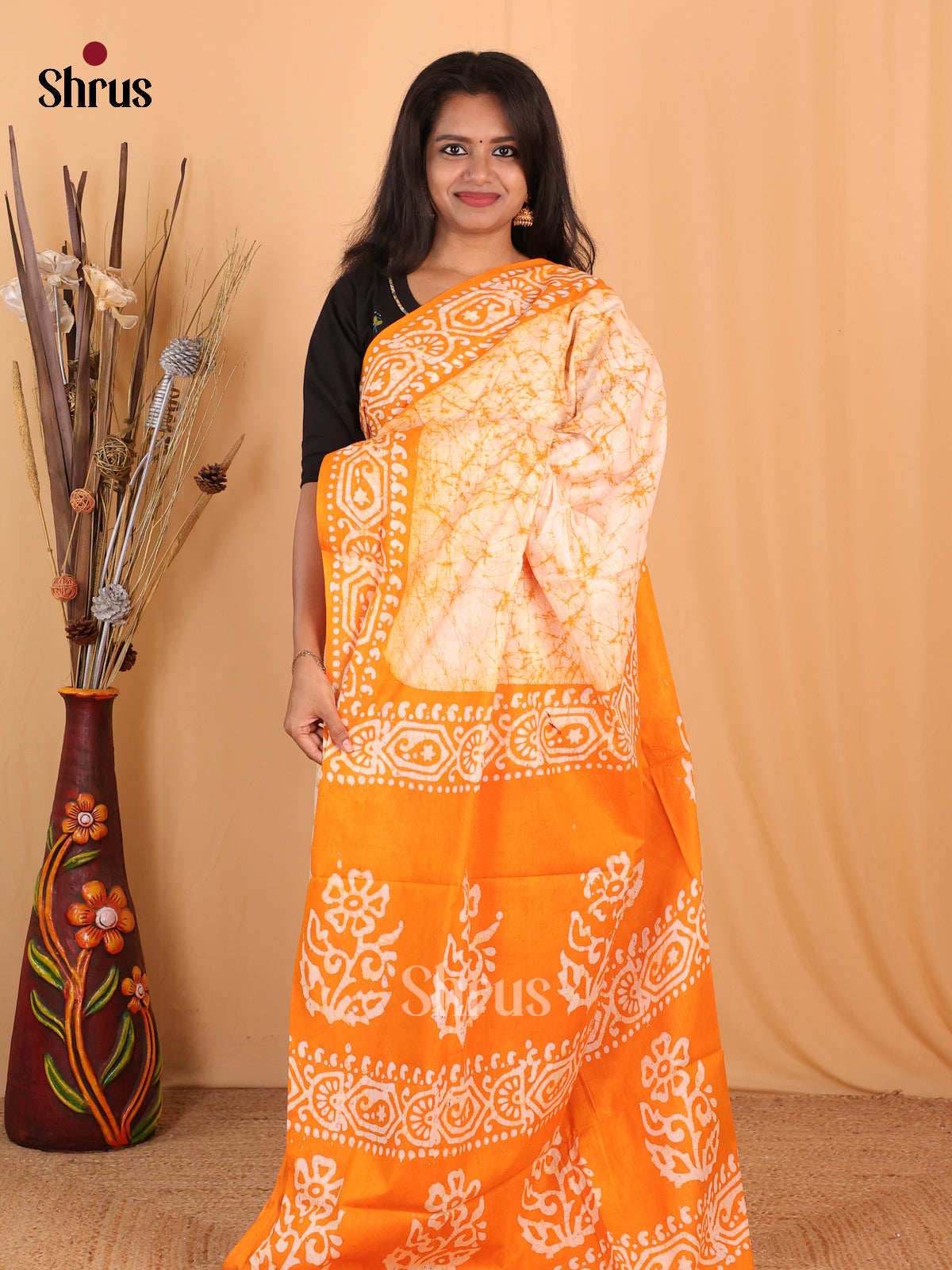 White & Orange - Bhatik Saree - Shop on Shrus.com