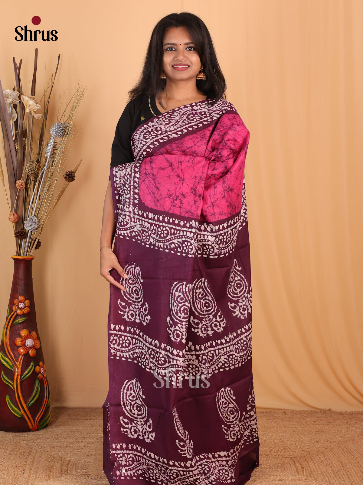 Pink & Purple- Bhatik Saree - Shop on Shrus.com