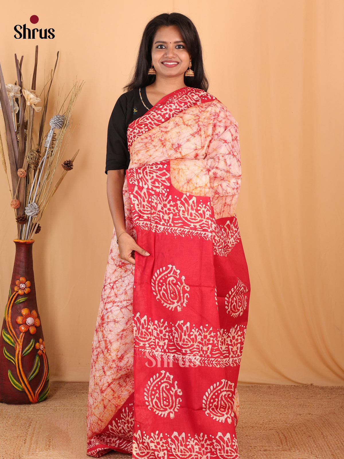 Peach & Red- Bhatik Saree - Shop on Shrus.com