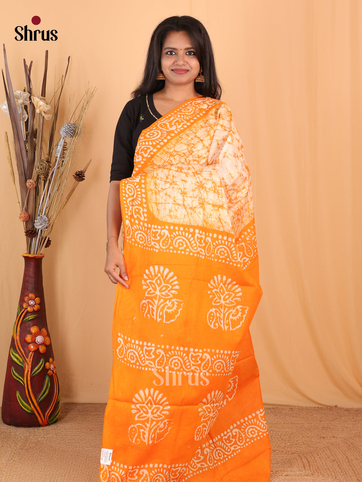 Cream & Orange - Bhatik Saree - Shop on Shrus.com