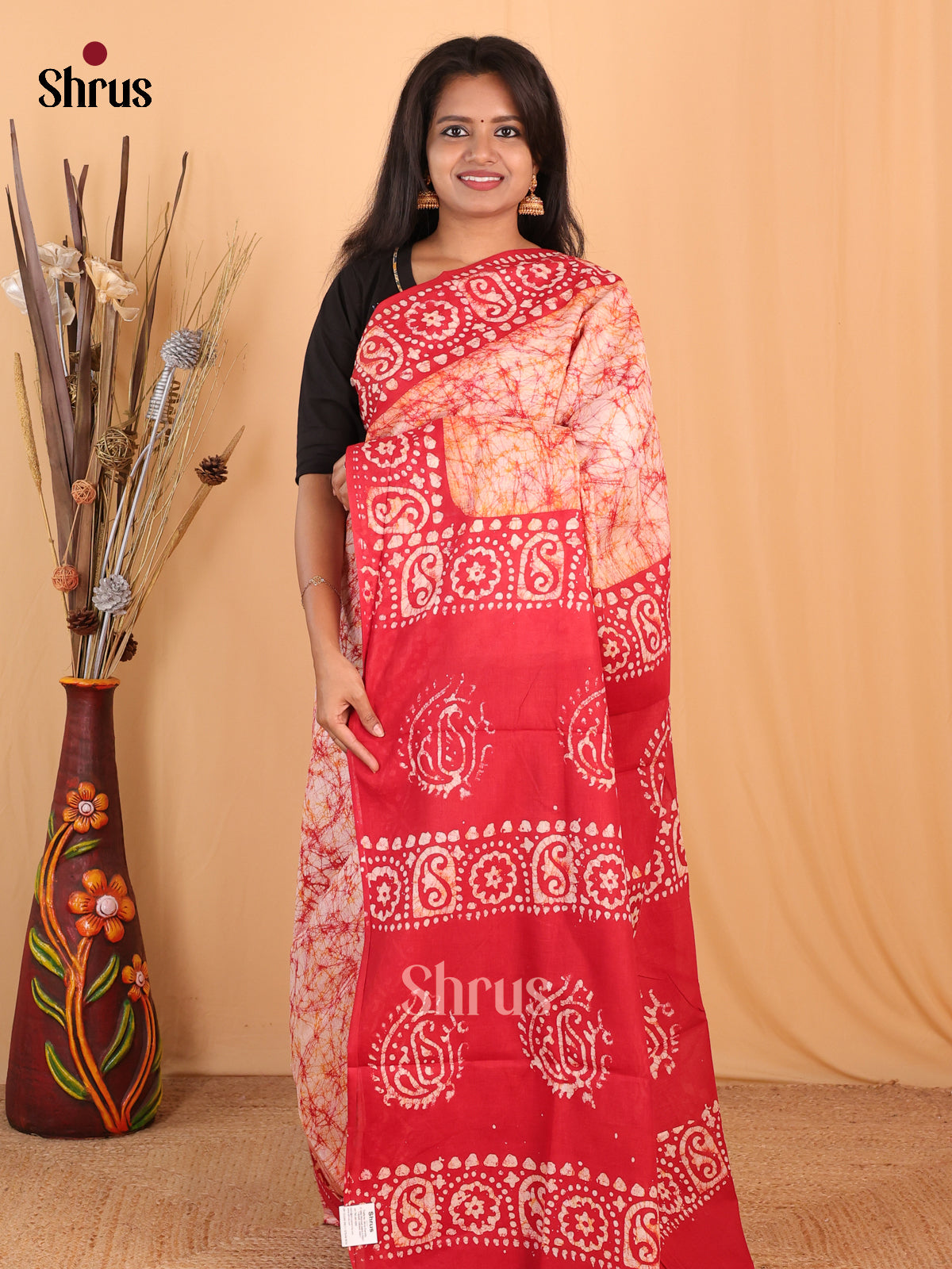 Cream & Red - Bhatik Saree - Shop on Shrus.com
