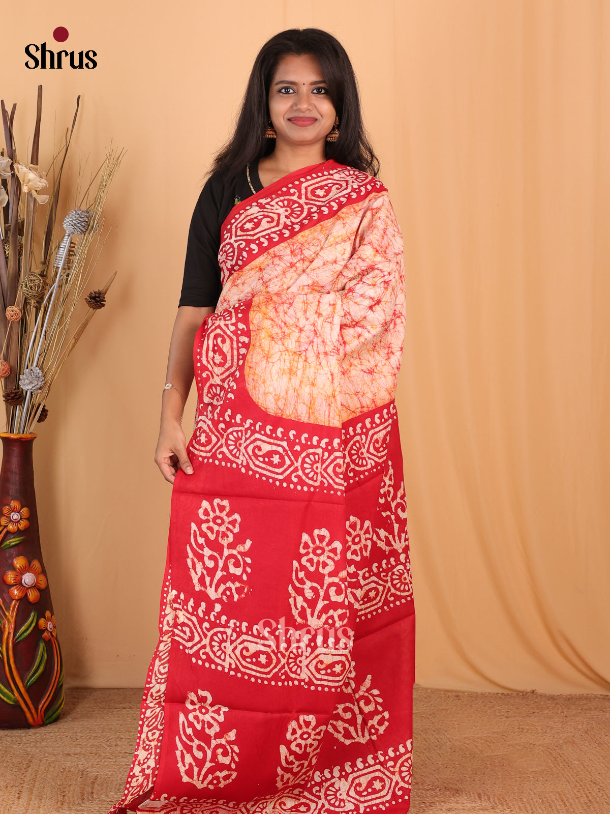 Cream & Red - Bhatik Saree - Shop on Shrus.com