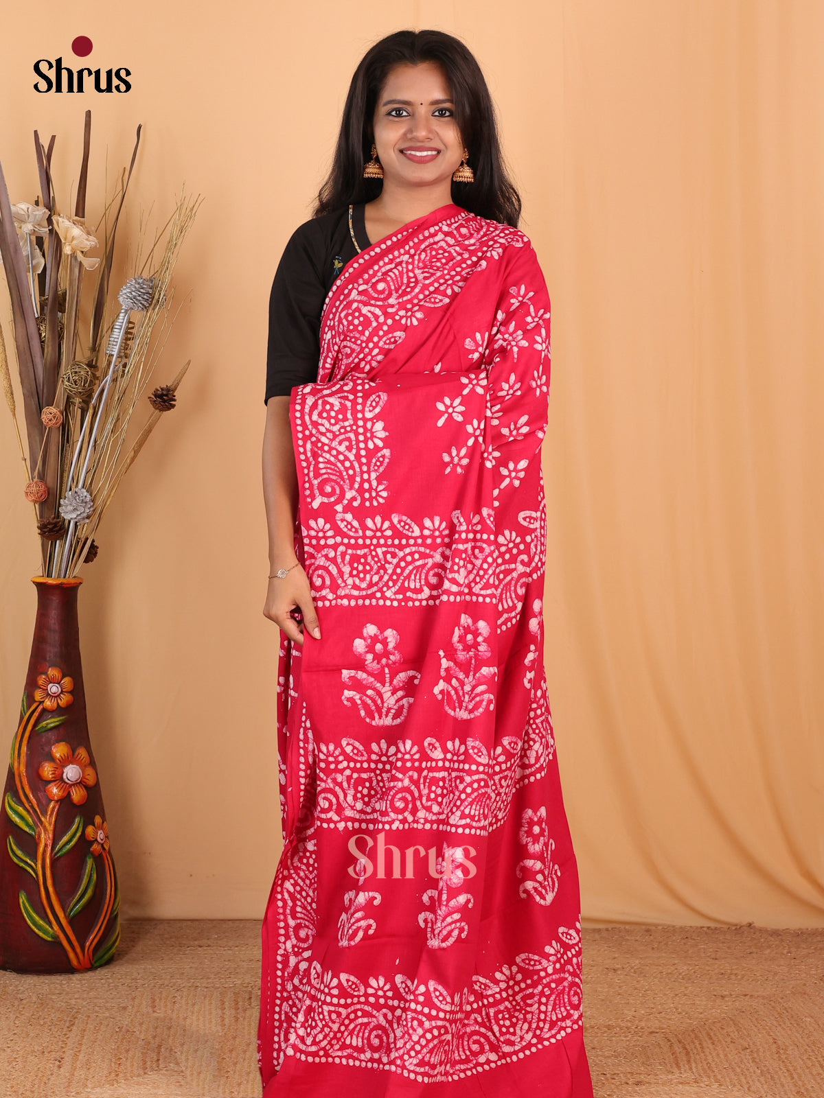 Reddish Pink - Bhatik Saree - Shop on Shrus.com