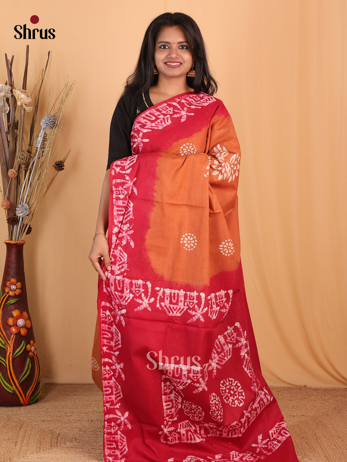 Orange & Red - Bhatik Saree - Shop on Shrus.com