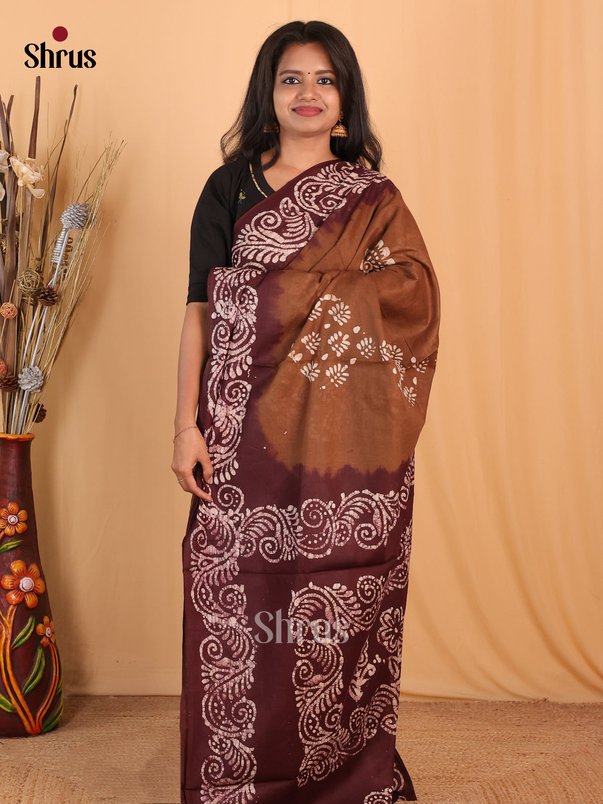 Dark Mustard & Brown- Bhatik Saree - Shop on Shrus.com