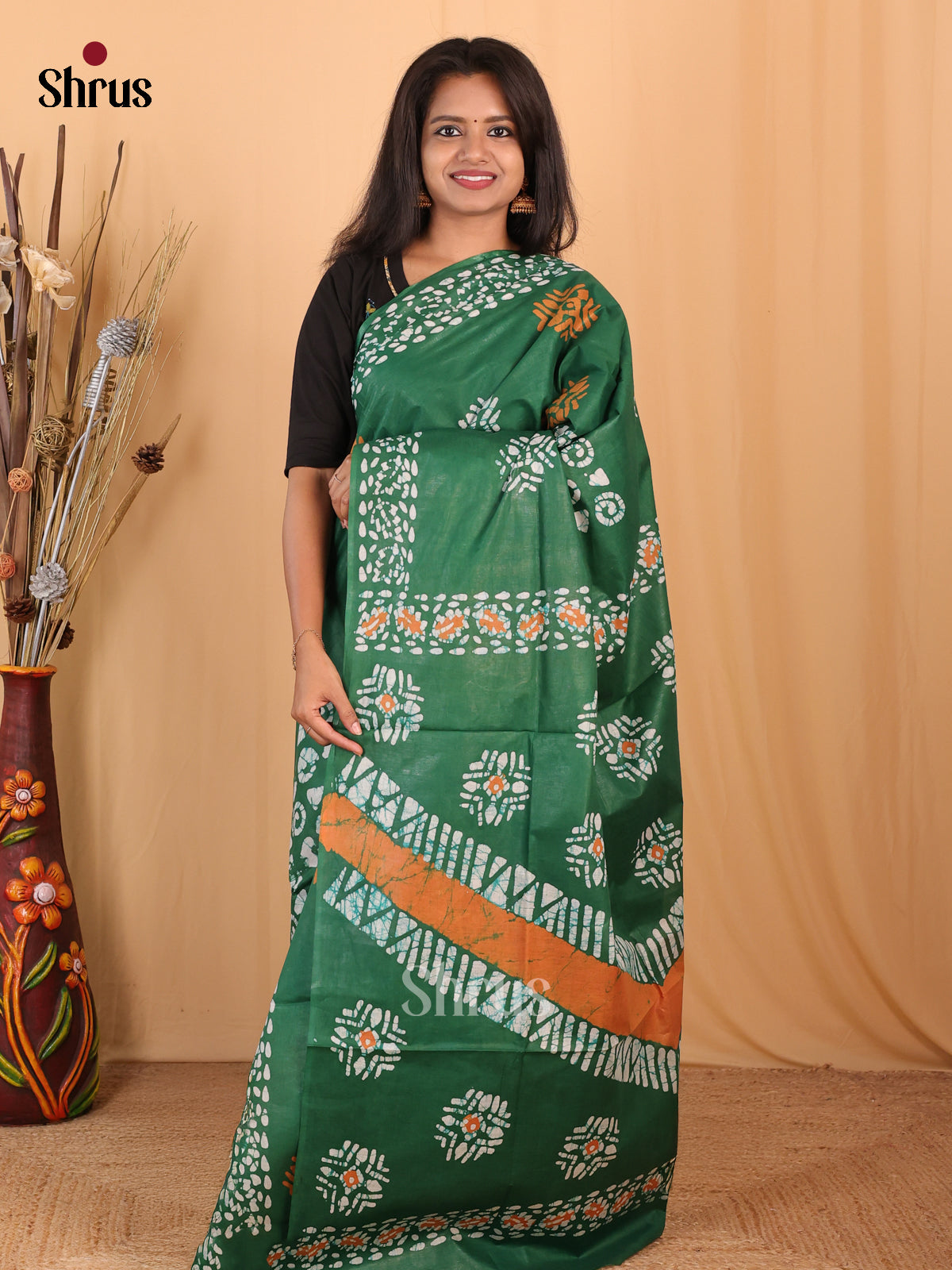Green - Bhatik Saree - Shop on Shrus.com