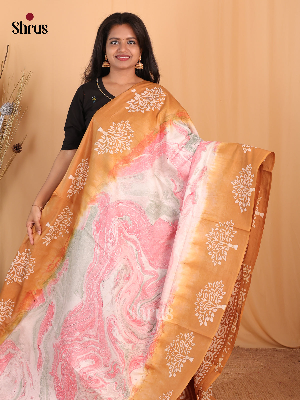 Pink & Brown - Bhatik Saree - Shop on Shrus.com