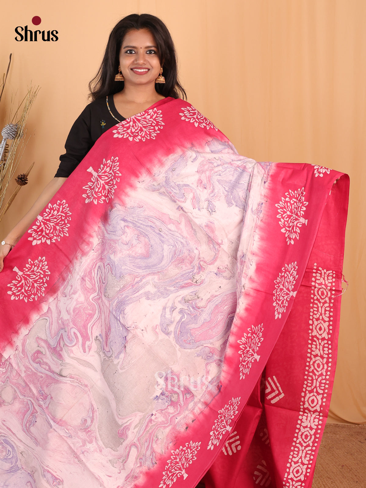 Cream & Pink - Bhatik Saree - Shop on Shrus.com
