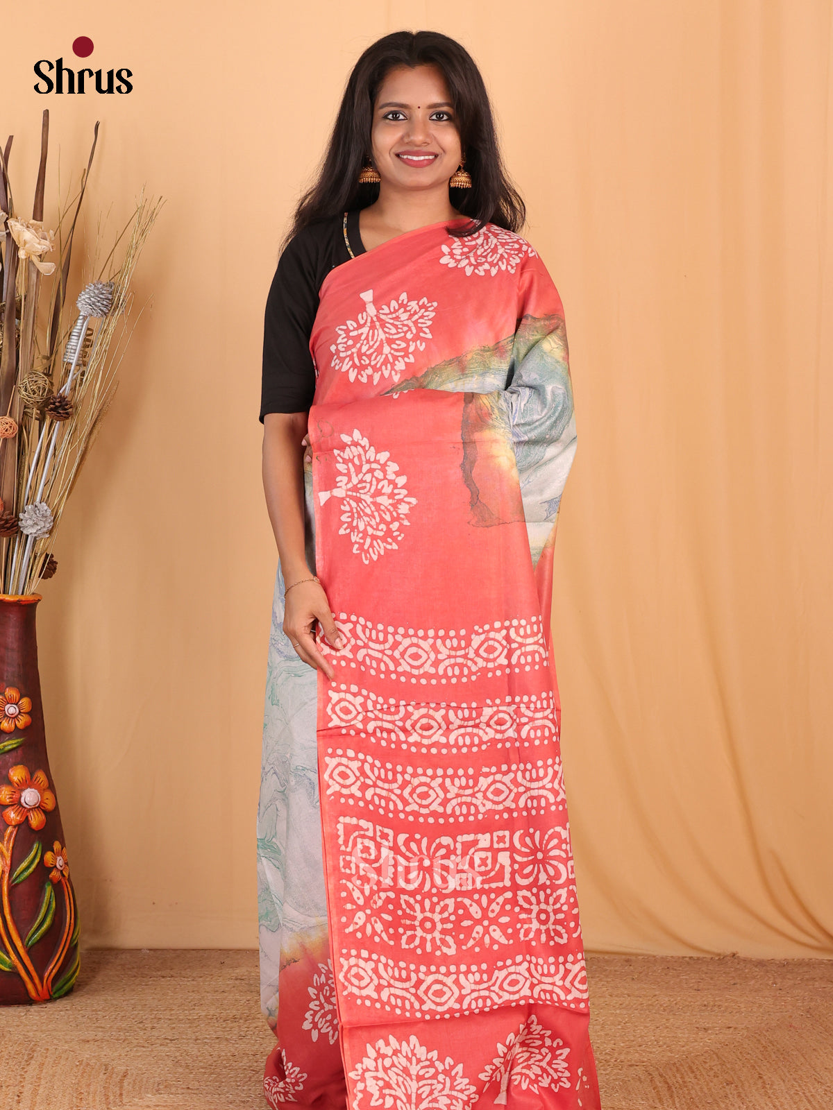 Green & Orange - Bhatik Saree - Shop on Shrus.com
