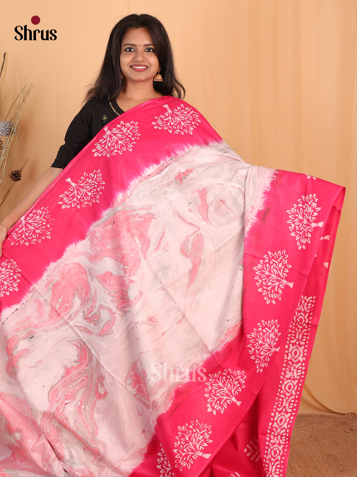 Cream & Pink - Bhatik Saree - Shop on Shrus.com