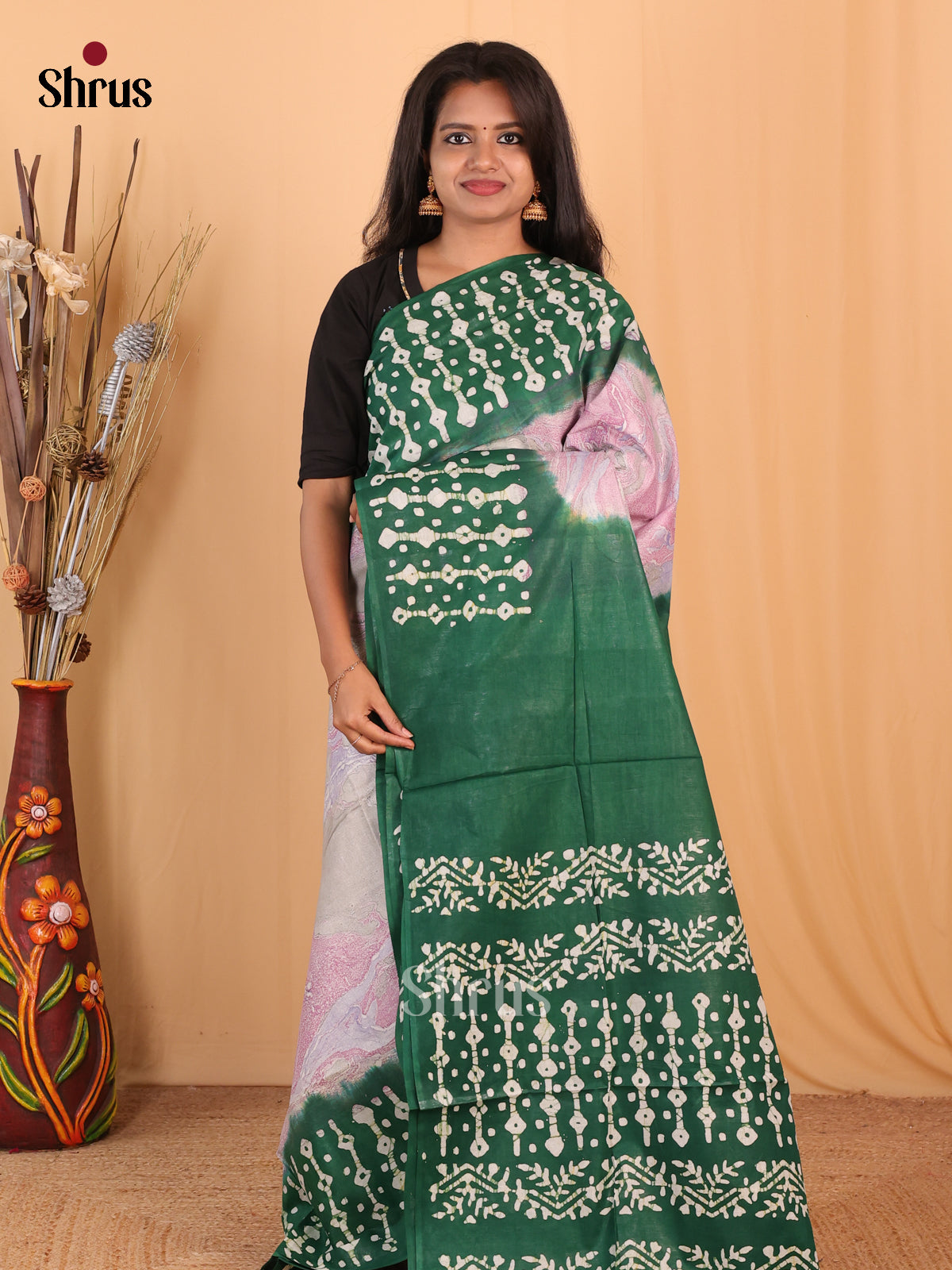 Pink & Green - Bhatik Saree - Shop on Shrus.com