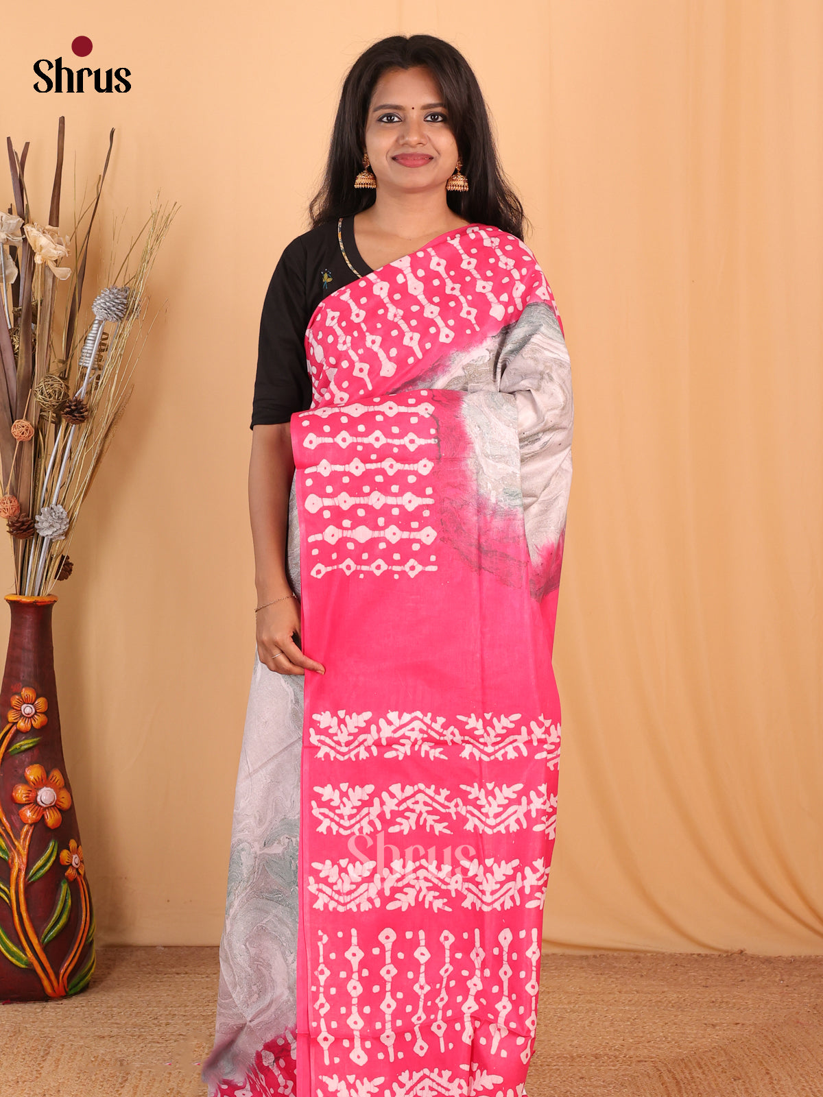 Grey & Pink - Bhatik Saree - Shop on Shrus.com