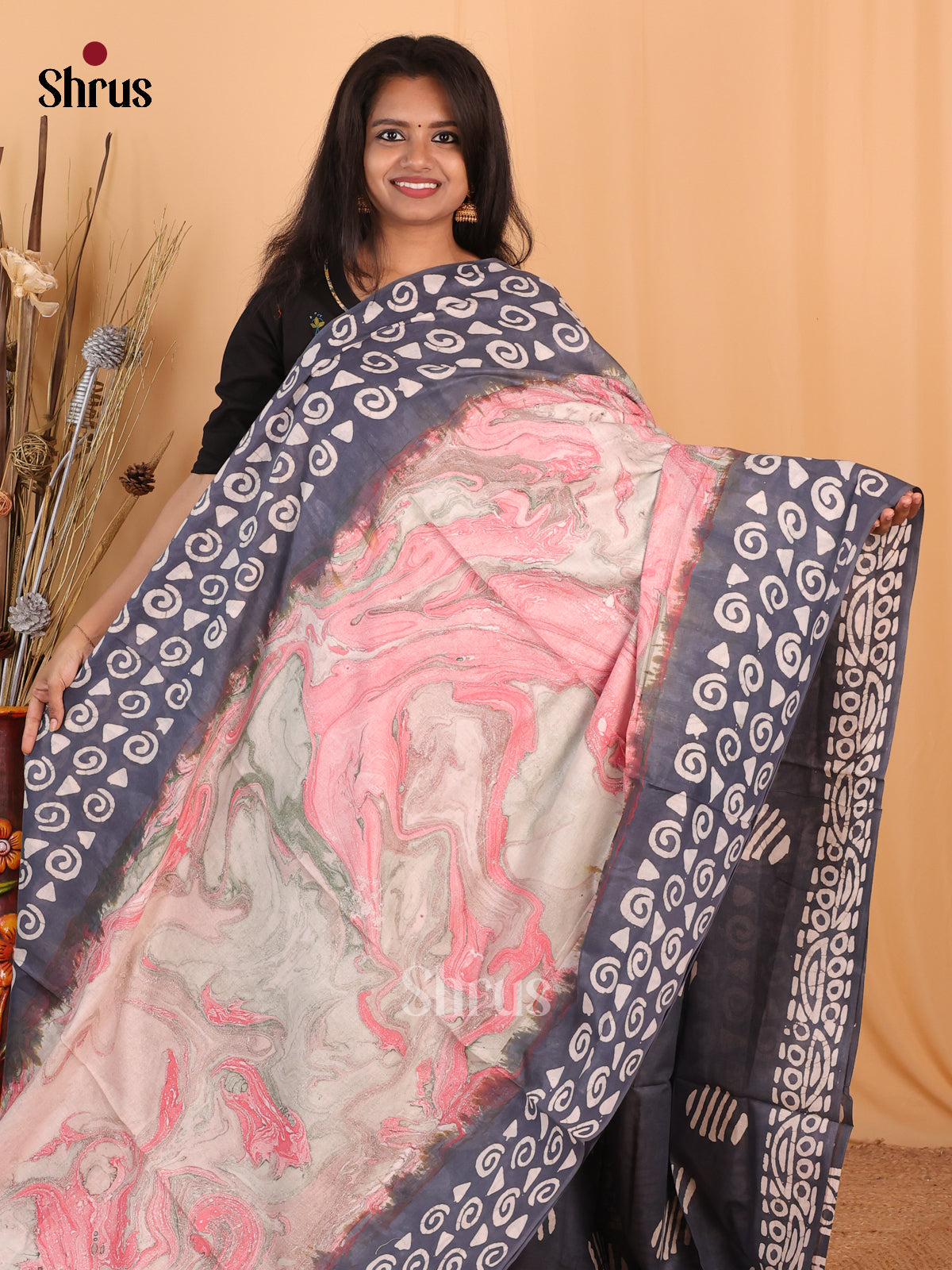 Pink & Greyish Blue - Bhatik Saree - Shop on Shrus.com