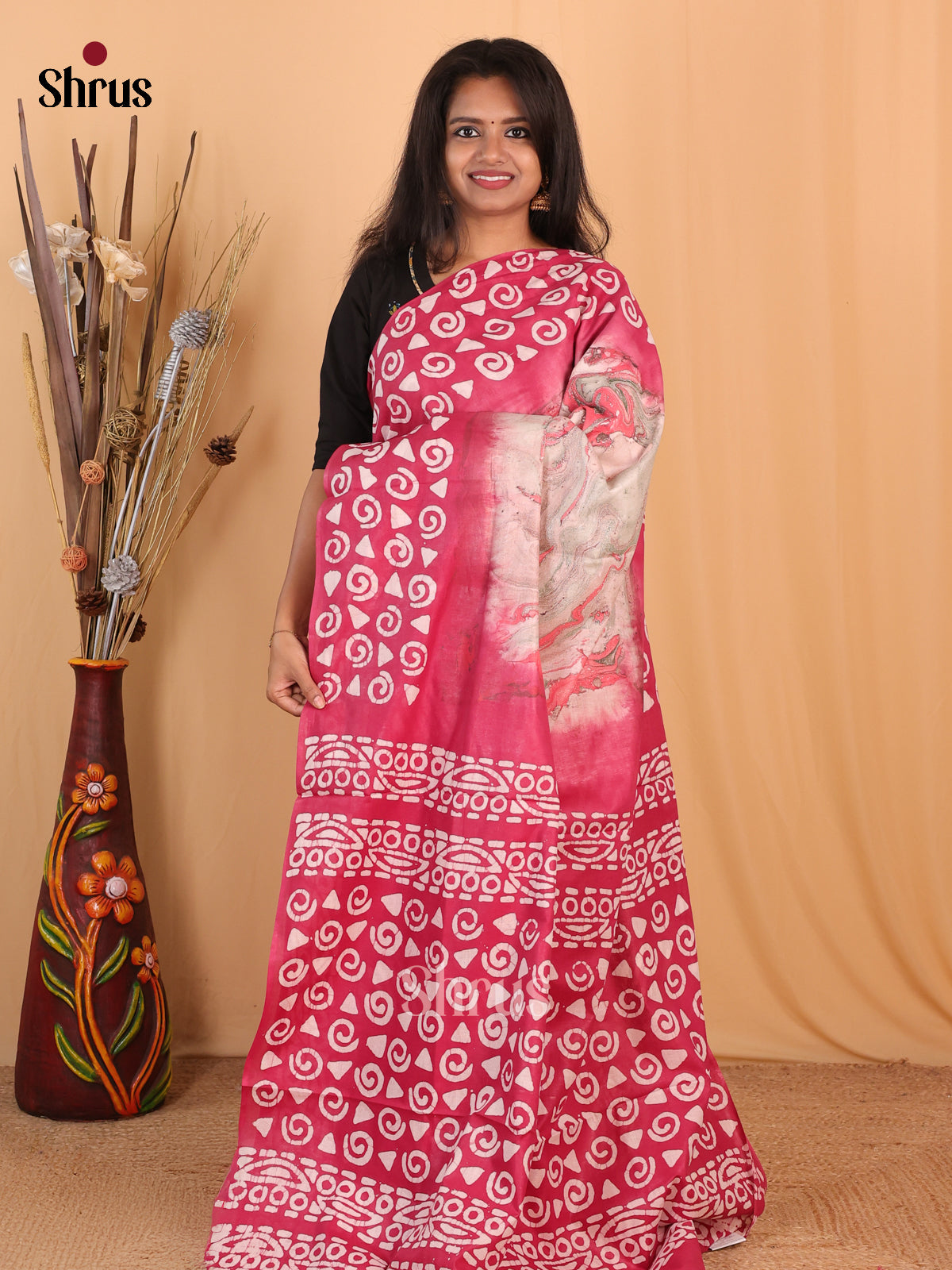 Cream & Pink- Bhatik Saree - Shop on Shrus.com