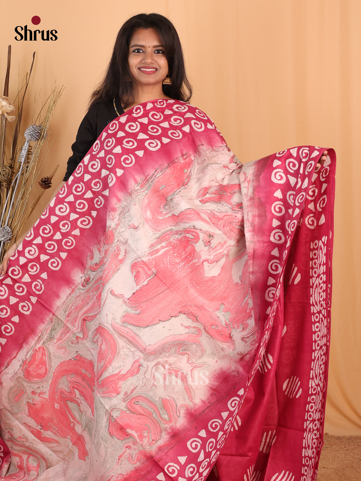 Cream & Pink- Bhatik Saree - Shop on Shrus.com