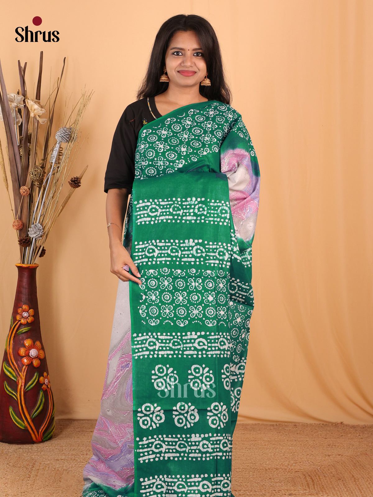 Pink & Green - Bhatik Saree - Shop on Shrus.com