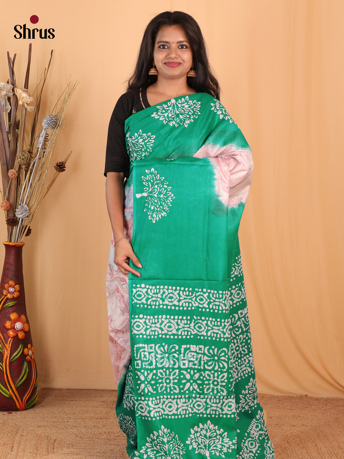 Pink & Green - Bhatik Saree - Shop on Shrus.com