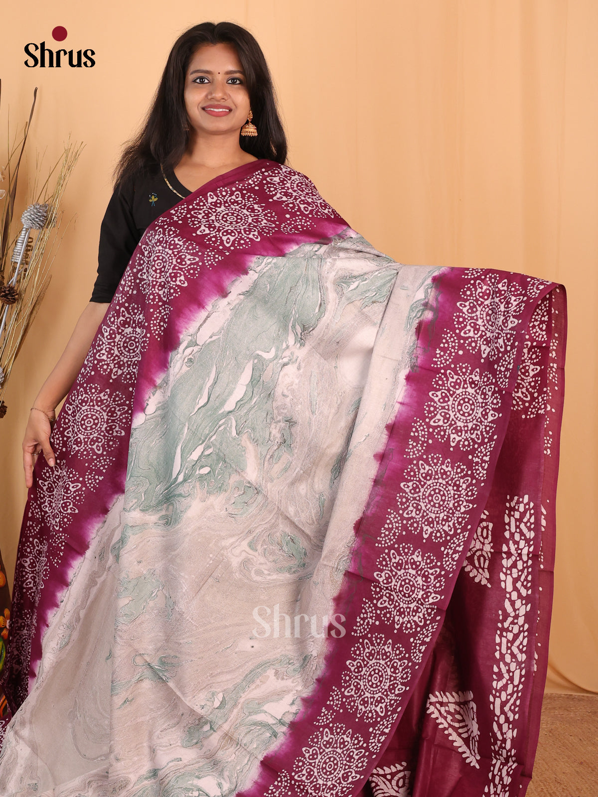 Cream & Maroon- Bhatik Saree - Shop on Shrus.com
