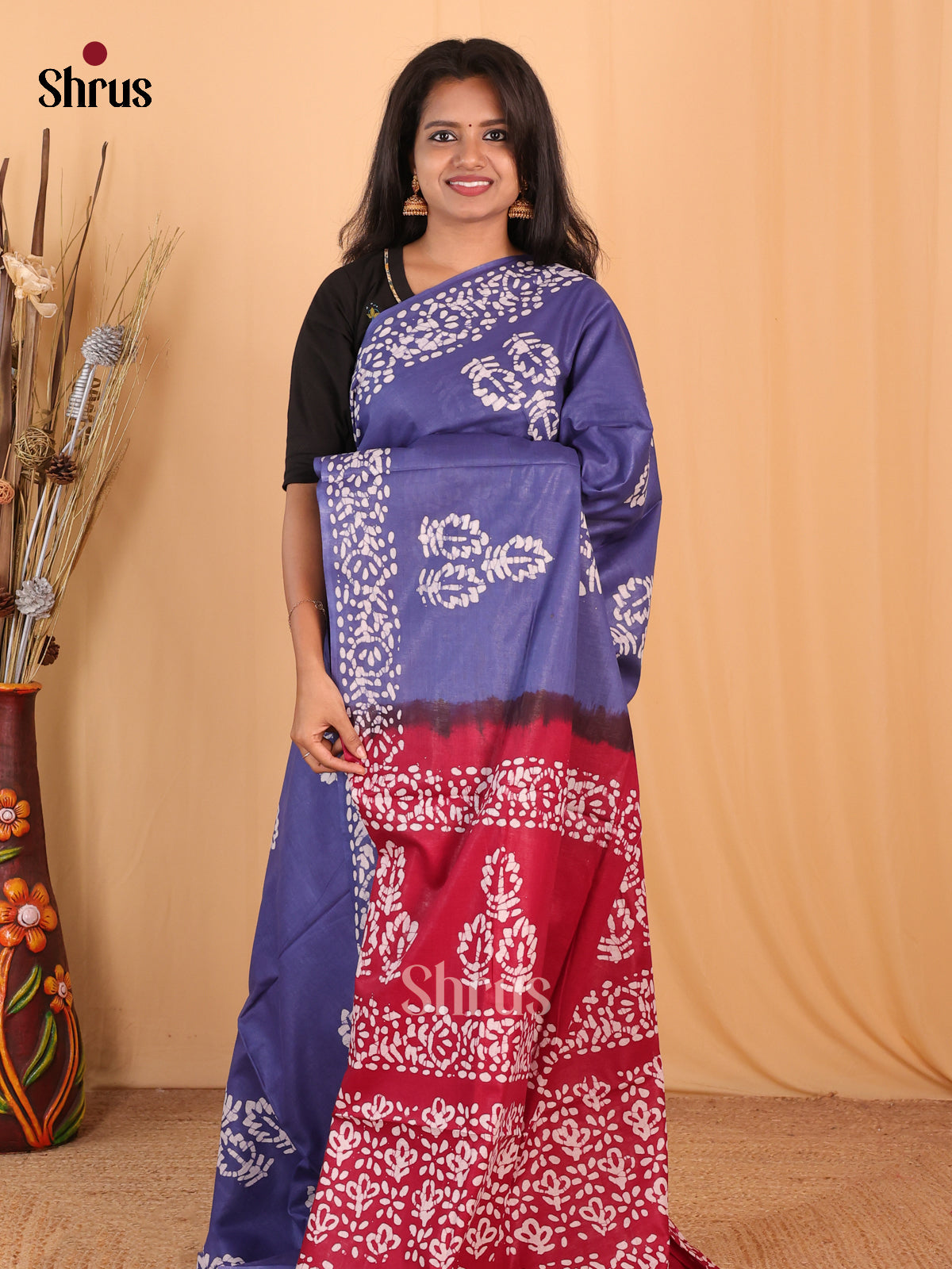 Blue & Maroon- Bhatik Saree - Shop on Shrus.com