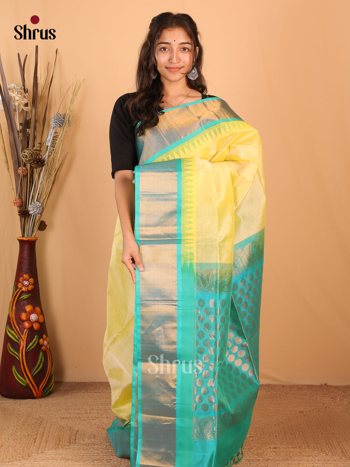 Lemon Yellow & Teal - Silk Cotton Saree - Shop on Shrus.com
