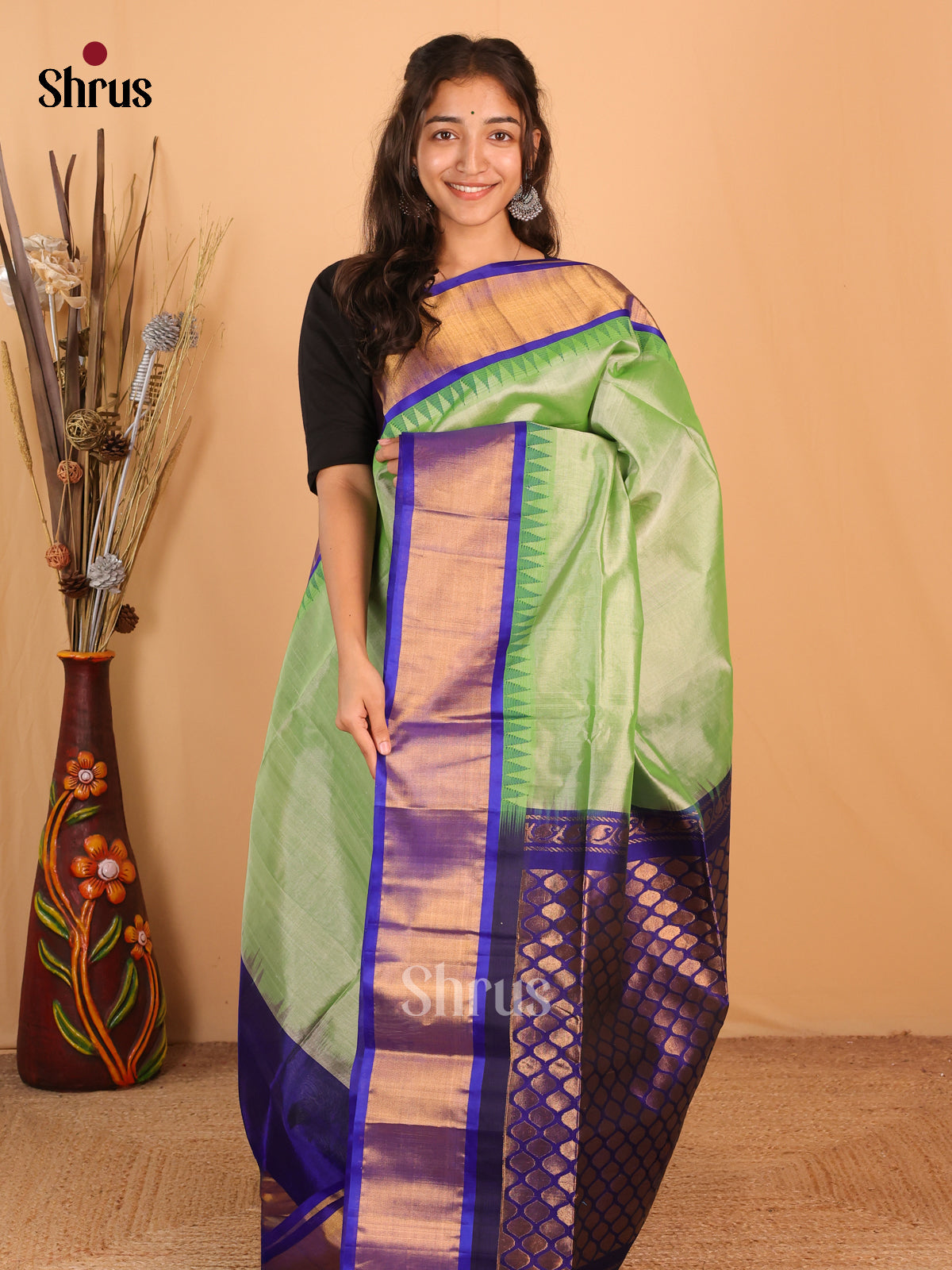 Pista Green & Blue- Silk Cotton Saree - Shop on Shrus.com