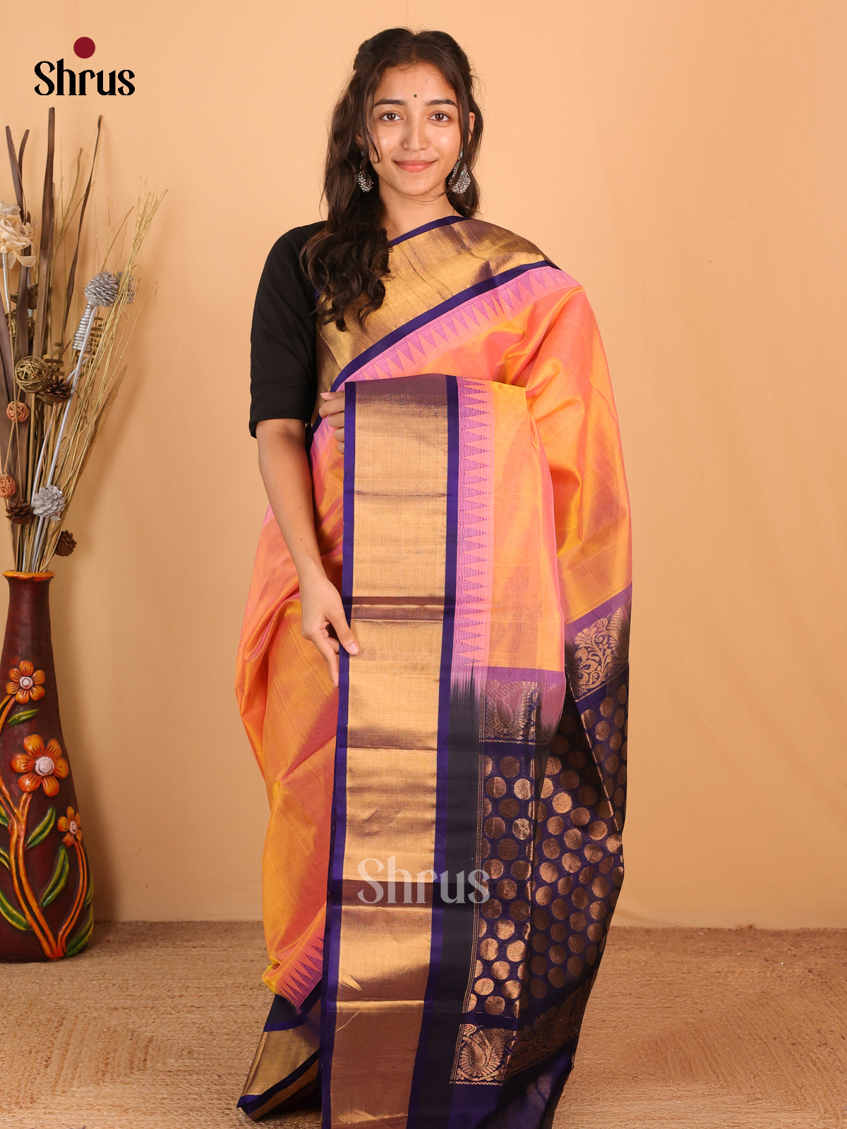 Peach & Blue - Silk Cotton Saree - Shop on Shrus.com