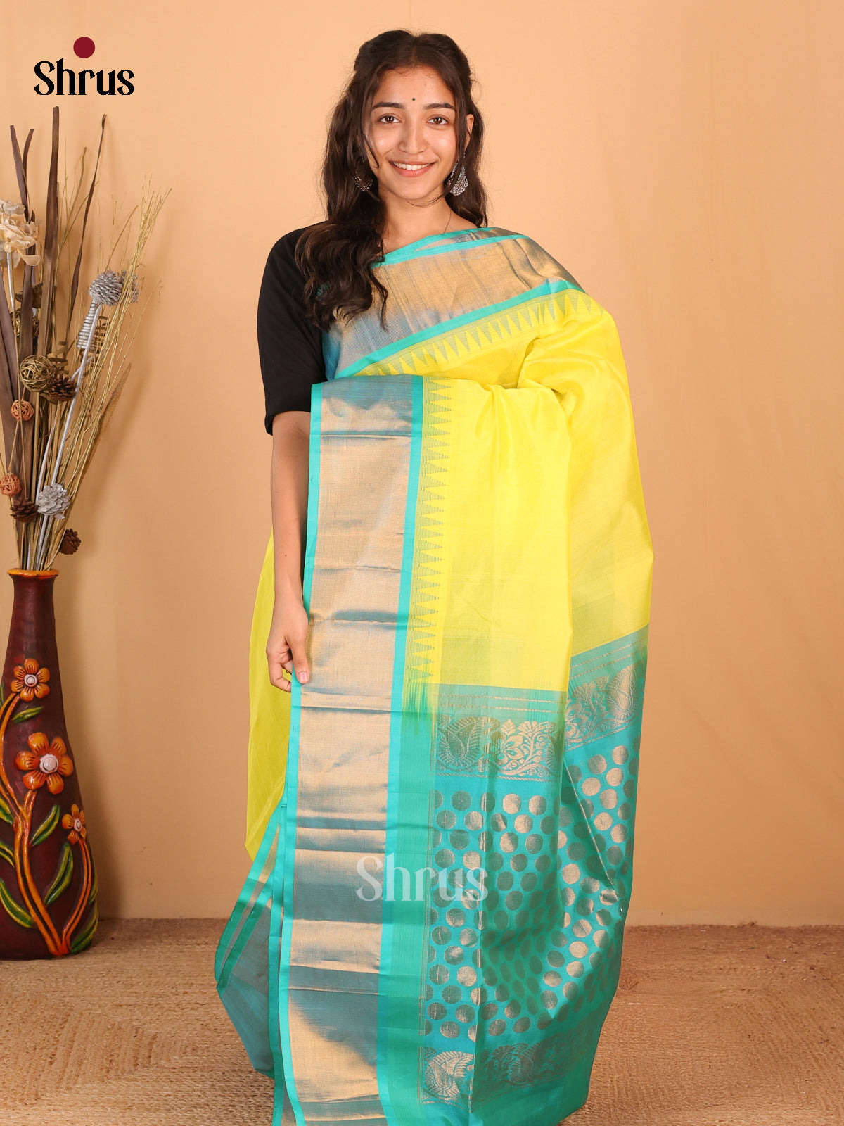 Lime Yellow & Teal - Silk Cotton Saree - Shop on Shrus.com