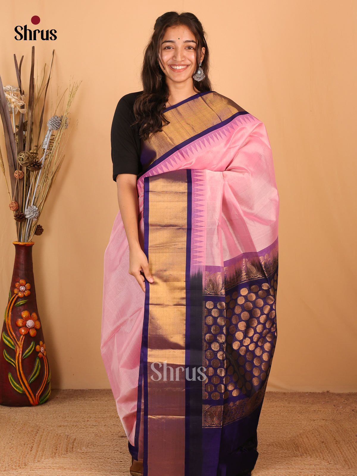 Pink & Blue - Silk Cotton Saree - Shop on Shrus.com