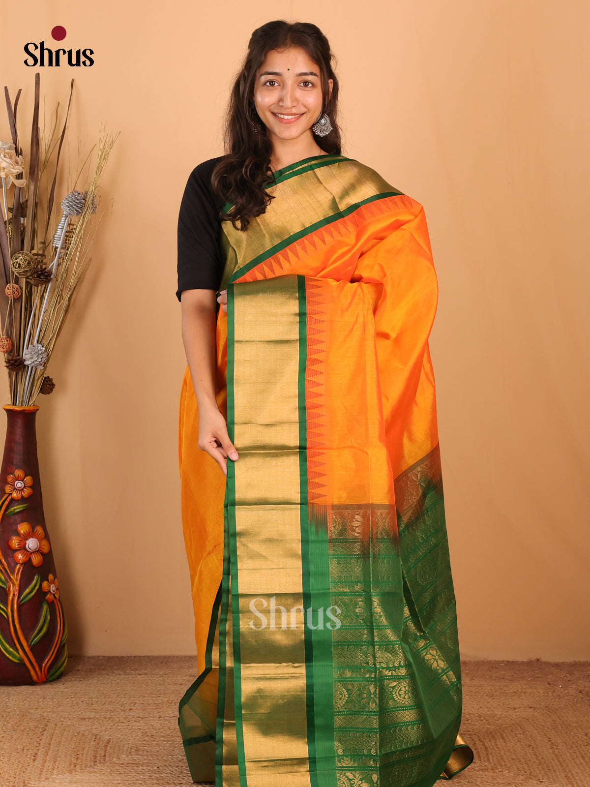 Orange & Green - Silk Cotton Saree - Shop on Shrus.com
