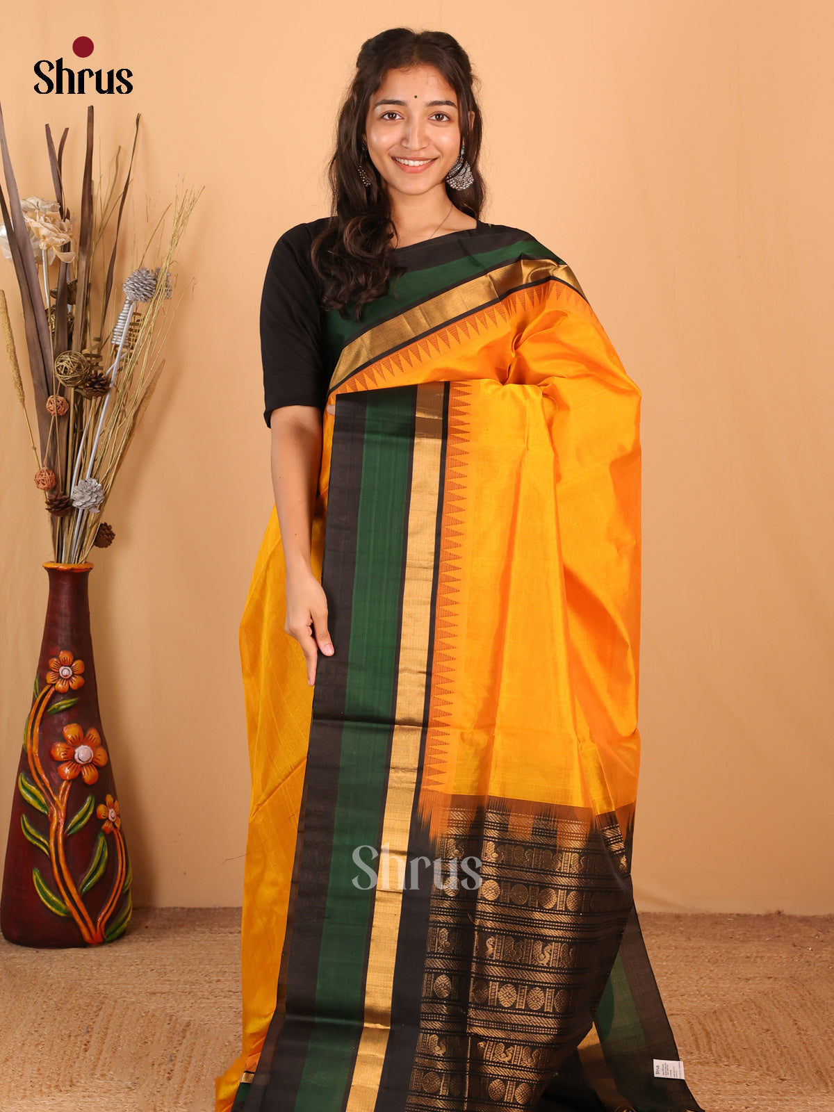 Mustard & Black- Silk Cotton Saree - Shop on Shrus.com