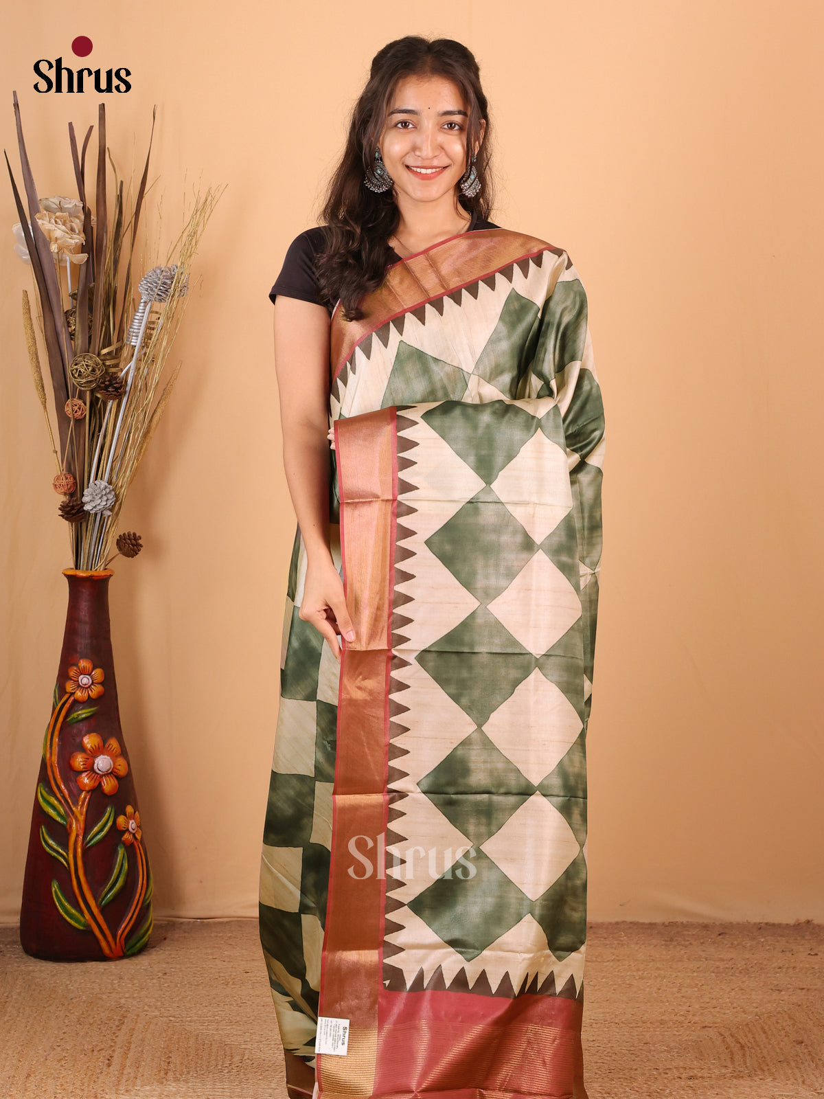 Cream & Green - Printed Tussar Saree - Shop on Shrus.com