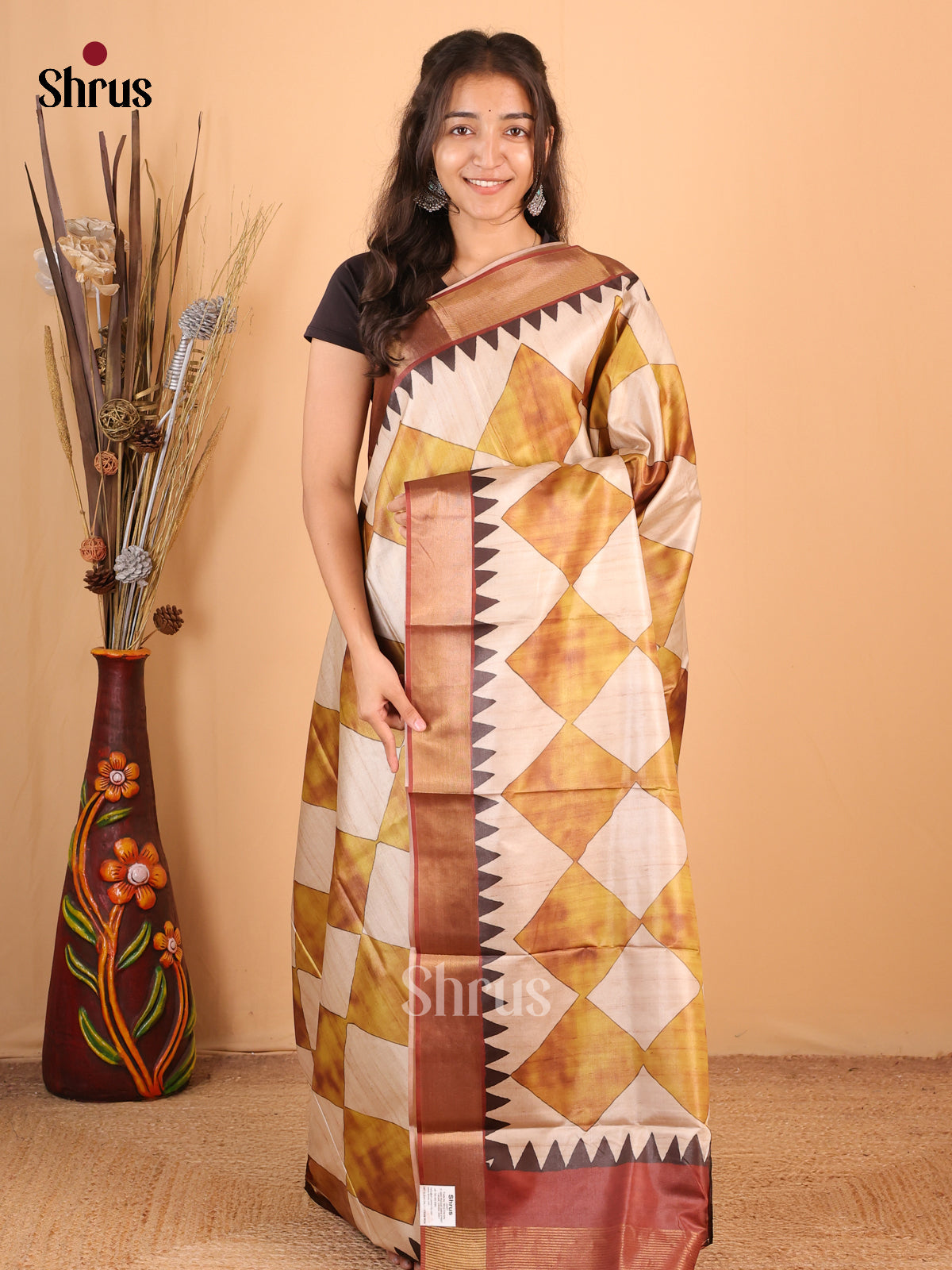 Cream & Brown - Printed Tussar Saree - Shop on Shrus.com