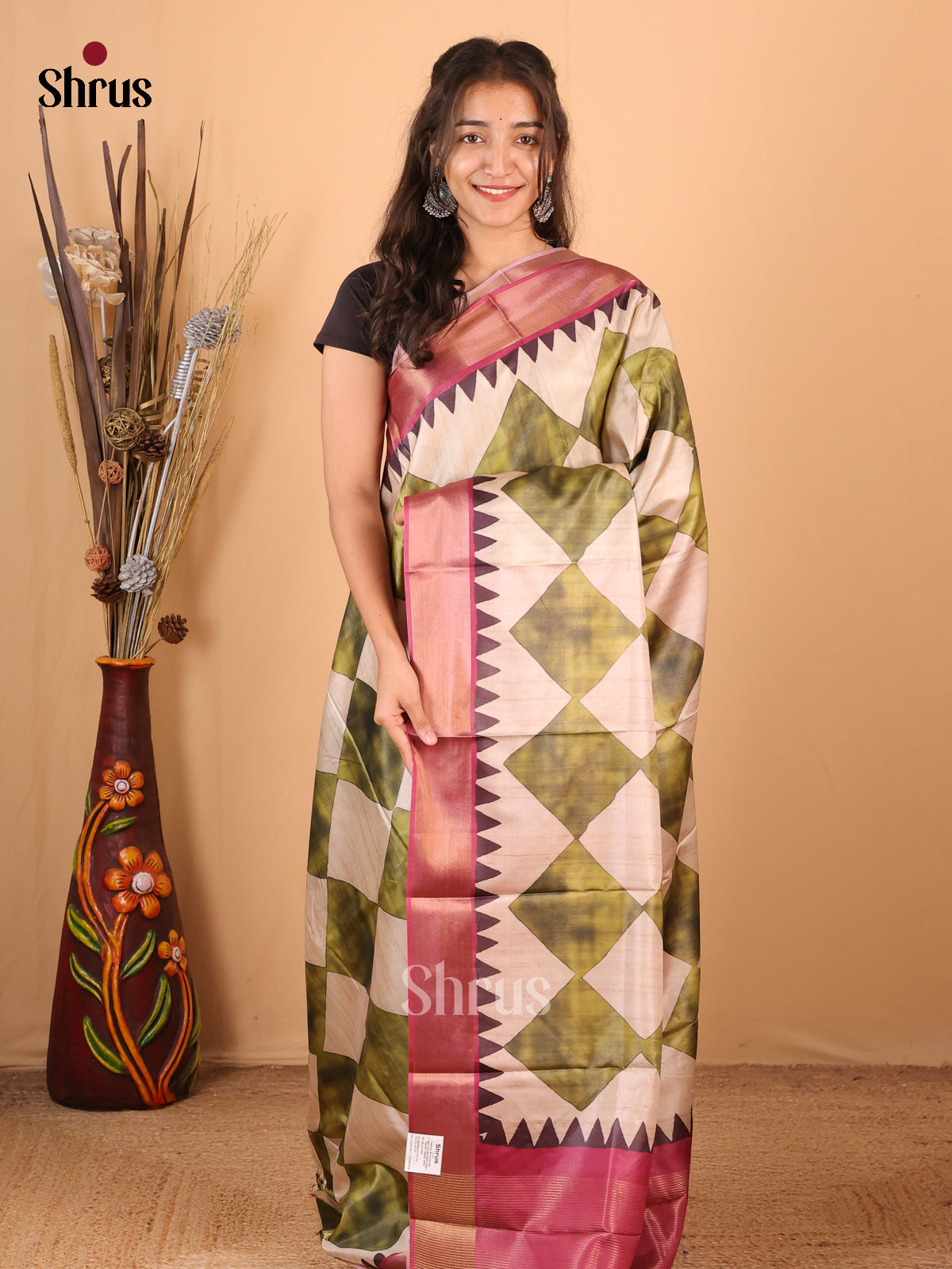 Cream & Green - Printed Tussar Saree - Shop on Shrus.com
