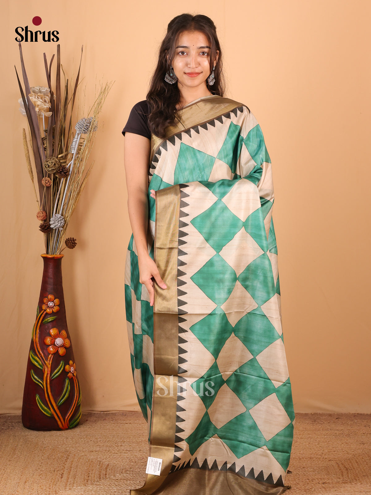 Cream & Grey - Printed Tussar Saree - Shop on Shrus.com
