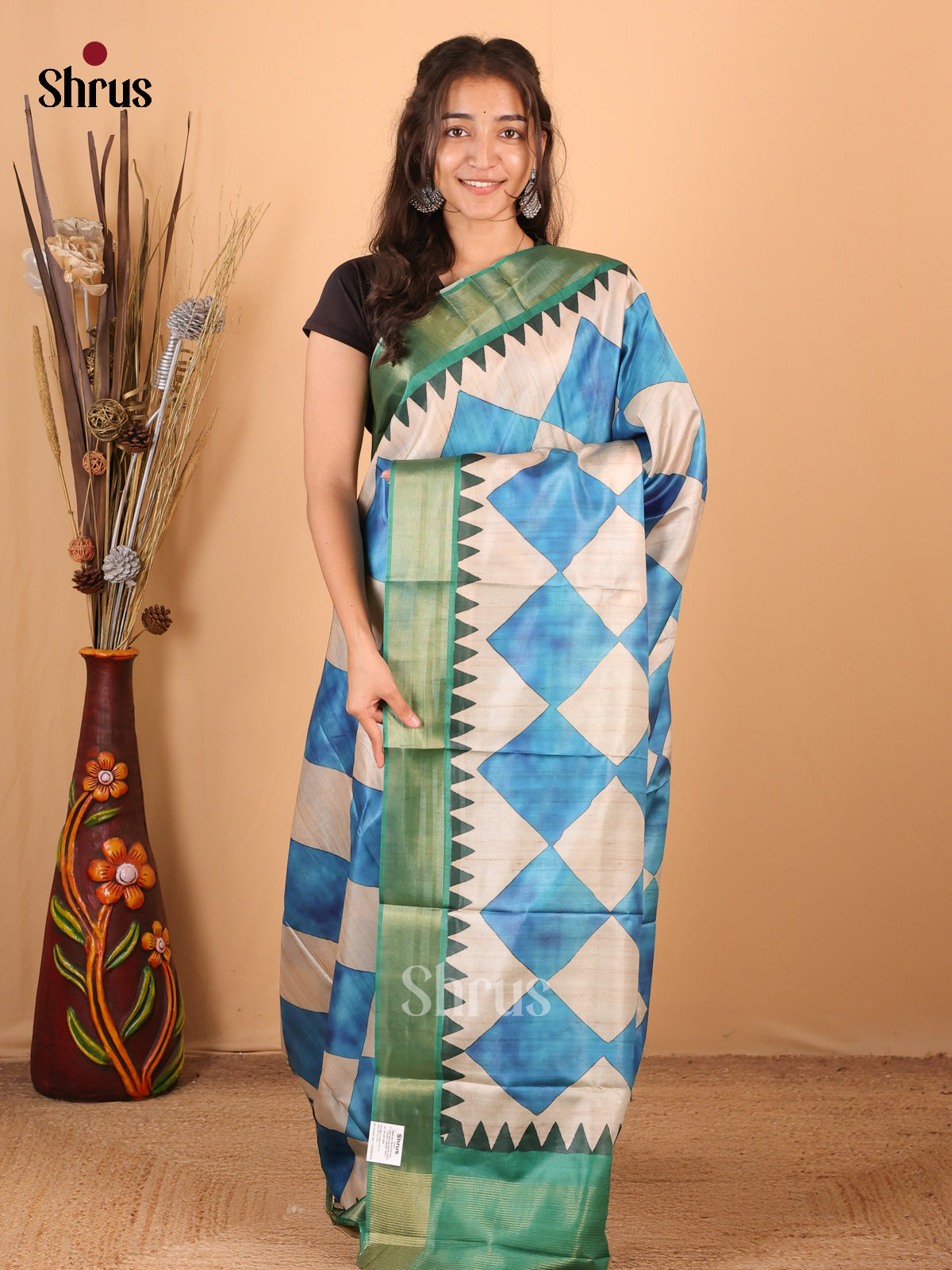 Cream & Blue - Printed Tussar Saree - Shop on Shrus.com