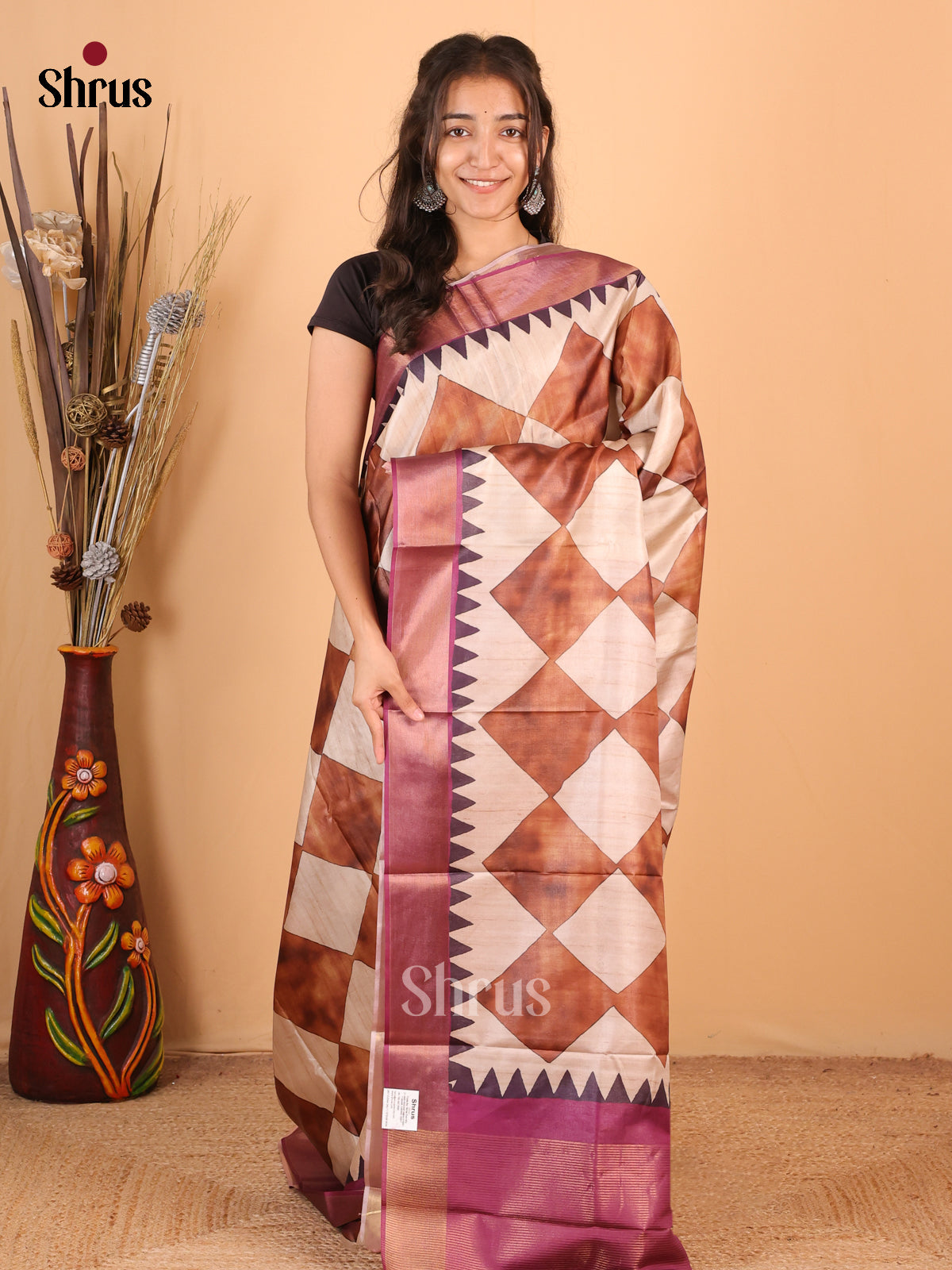 Cream & Pink - Printed Tussar Saree - Shop on Shrus.com