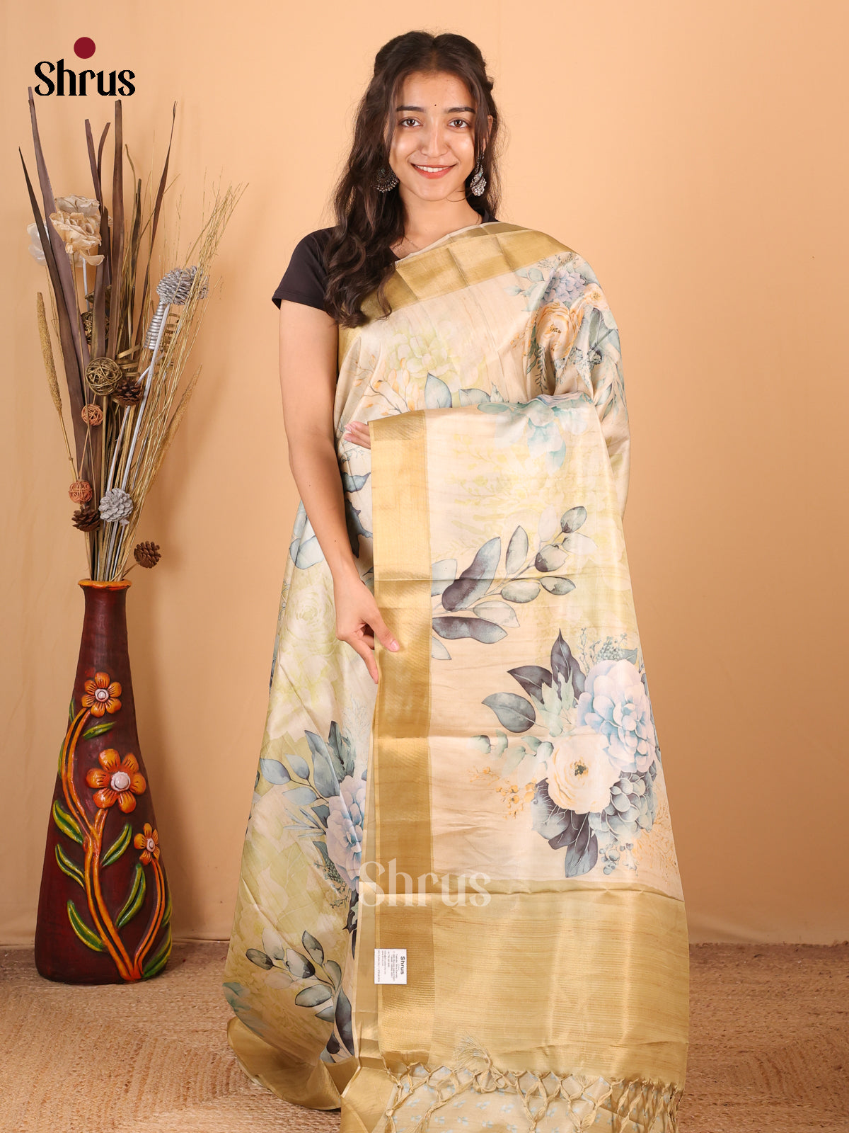 Cream - Printed Tussar Saree - Shop on Shrus.com