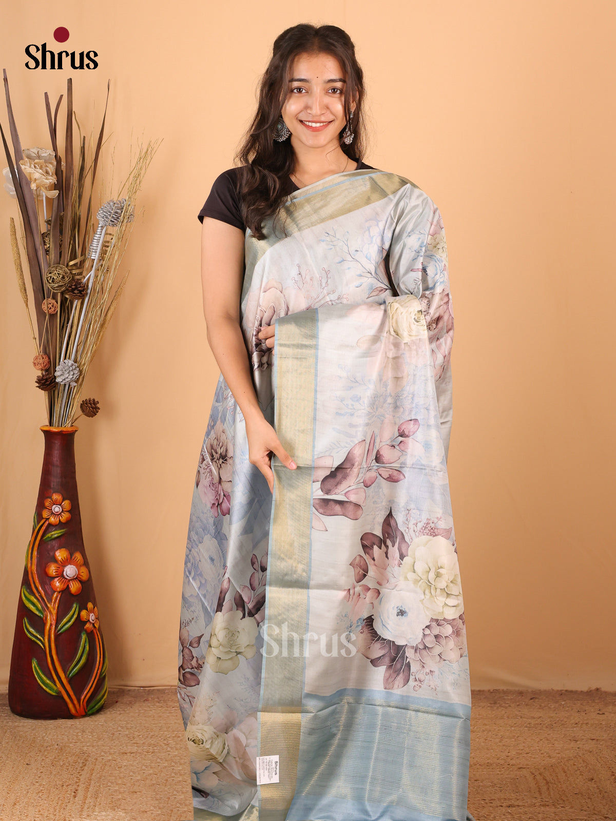 Blue - Printed Tussar Saree - Shop on Shrus.com