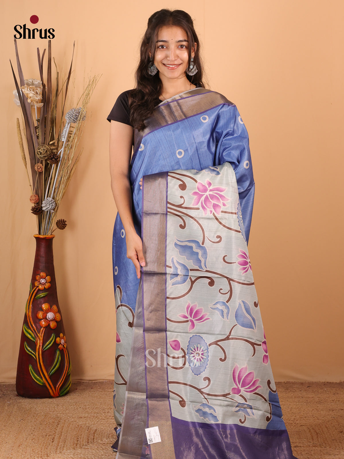 Blue & Purple - Printed Tussar Saree - Shop on Shrus.com