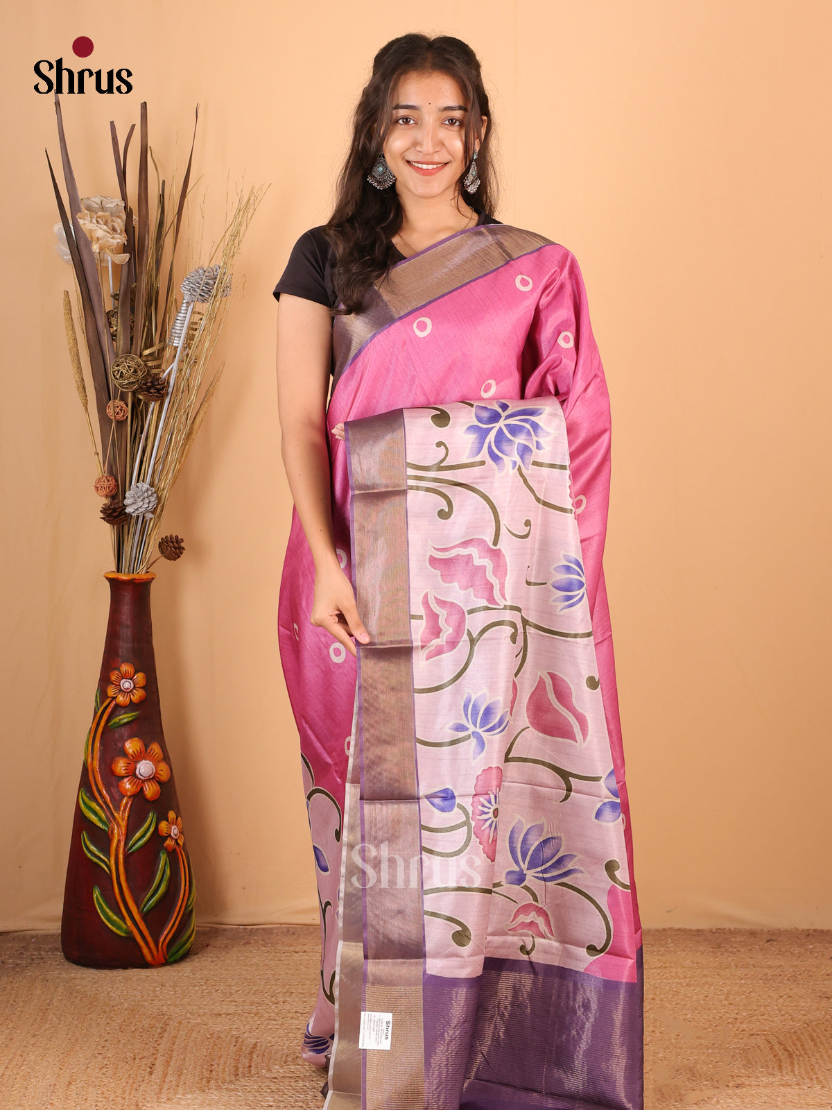 Pink & Purple - Printed Tussar Saree - Shop on Shrus.com