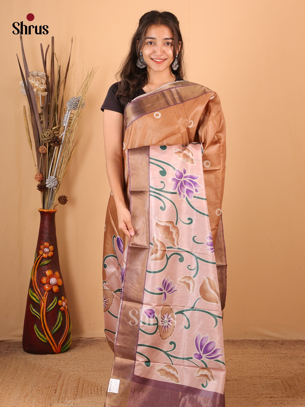 Brown & Cream - Printed Tussar Saree - Shop on Shrus.com