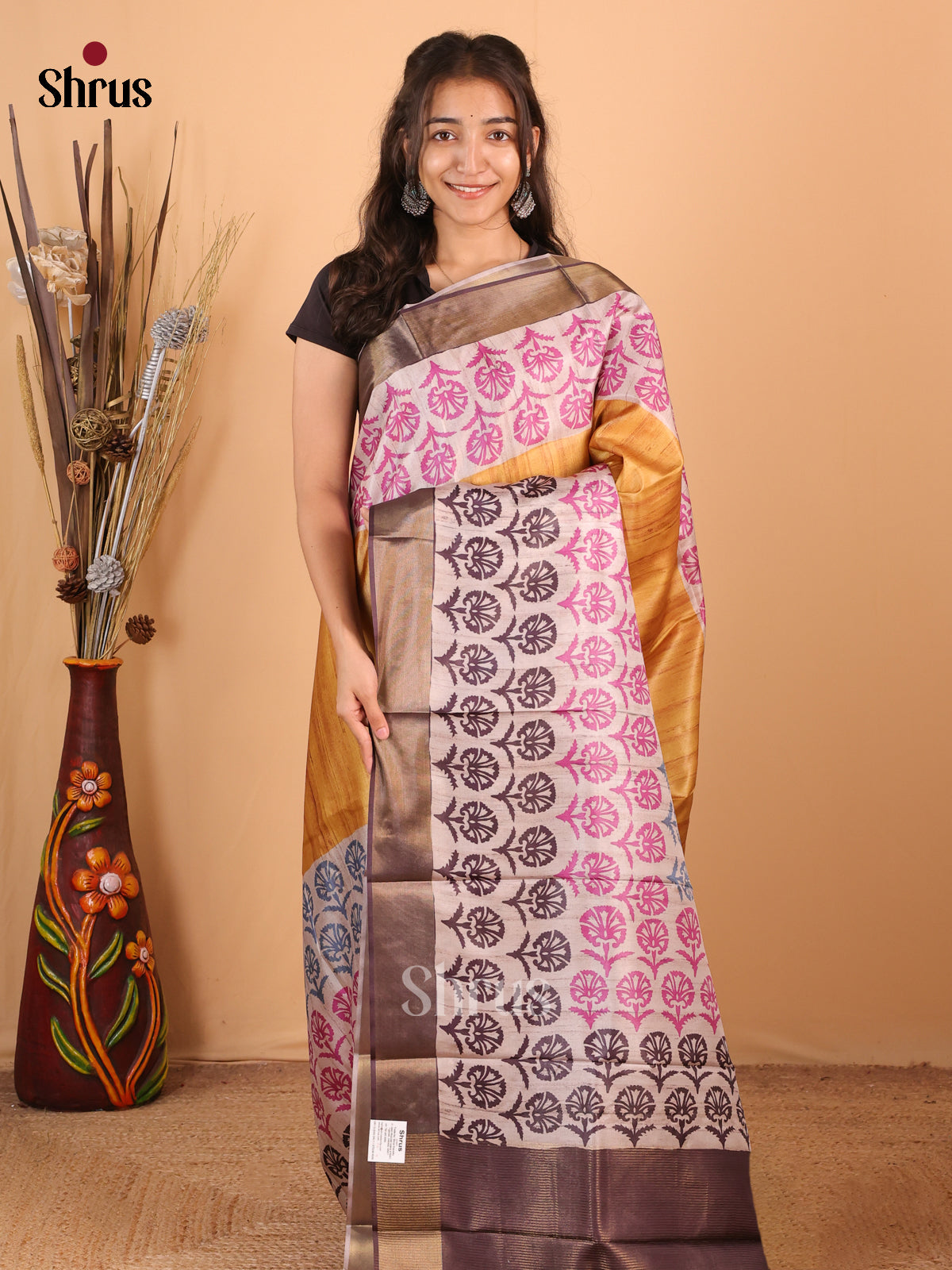 Mustard & Purple - Printed Tussar Saree - Shop on Shrus.com