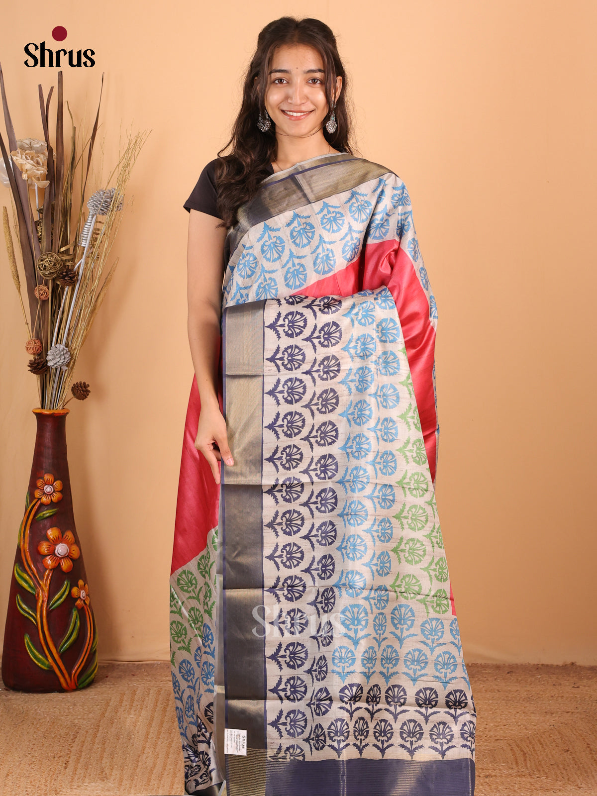 Red & Blue - Printed Tussar Saree - Shop on Shrus.com