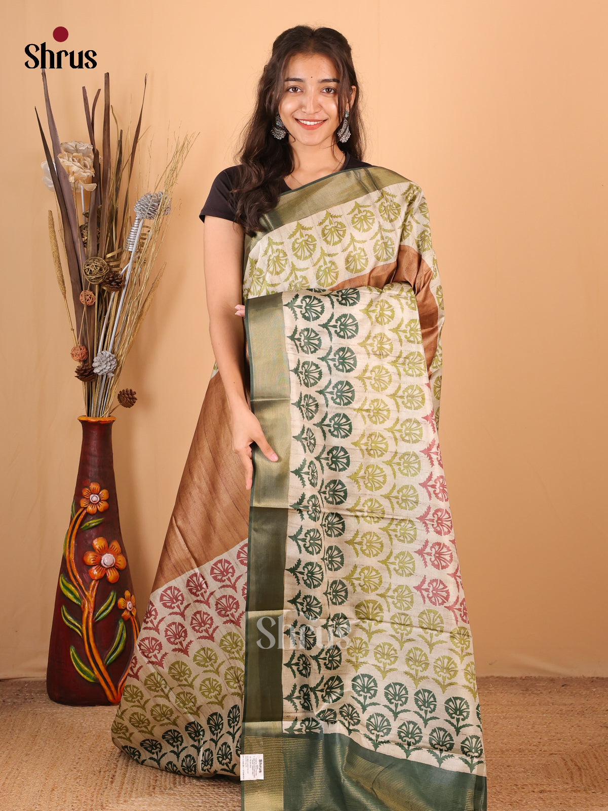 Brown & Green - Printed Tussar Saree - Shop on Shrus.com