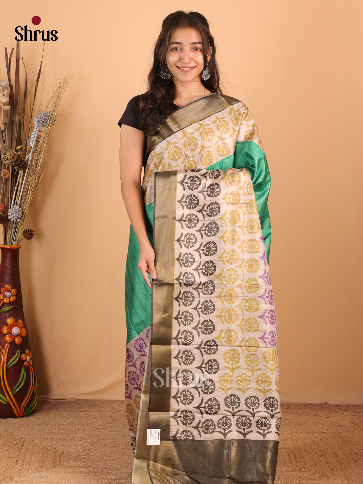 Green & Black - Printed Tussar Saree - Shop on Shrus.com