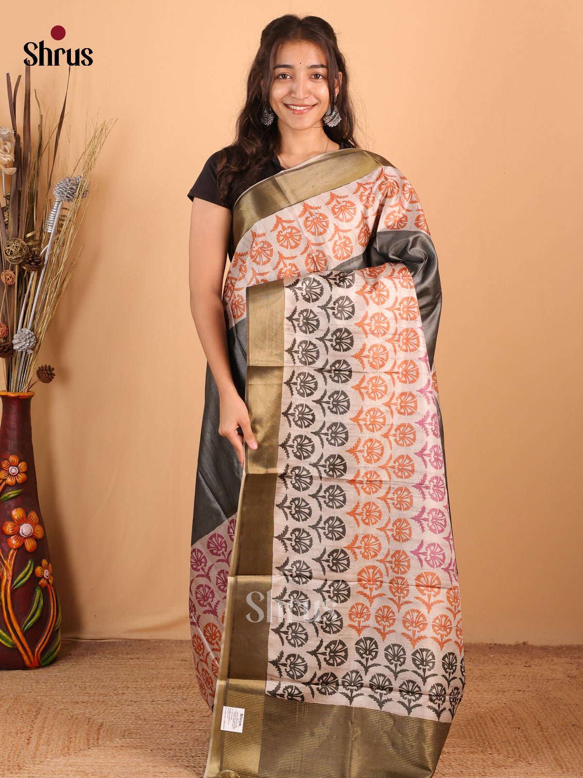 Elephant Grey & Cream - Printed Tussar Saree - Shop on Shrus.com
