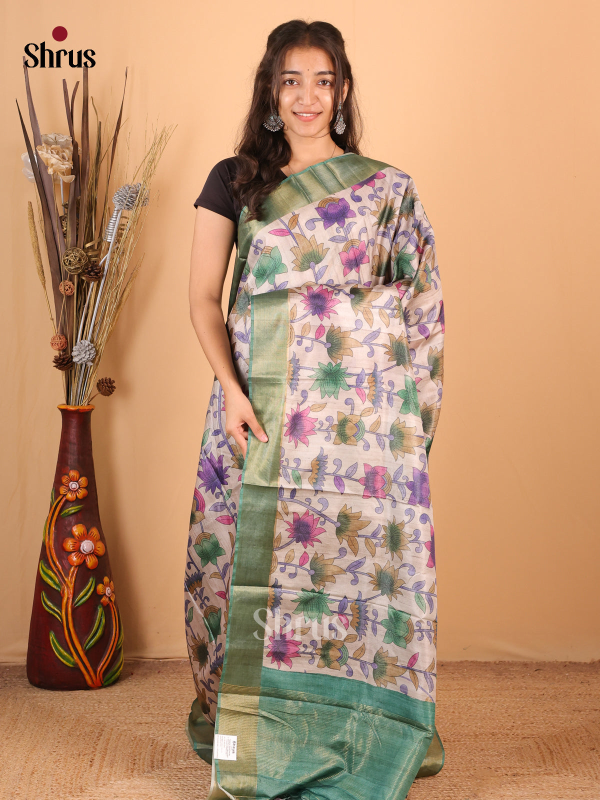 Cream & Green - Printed Tussar Saree - Shop on Shrus.com