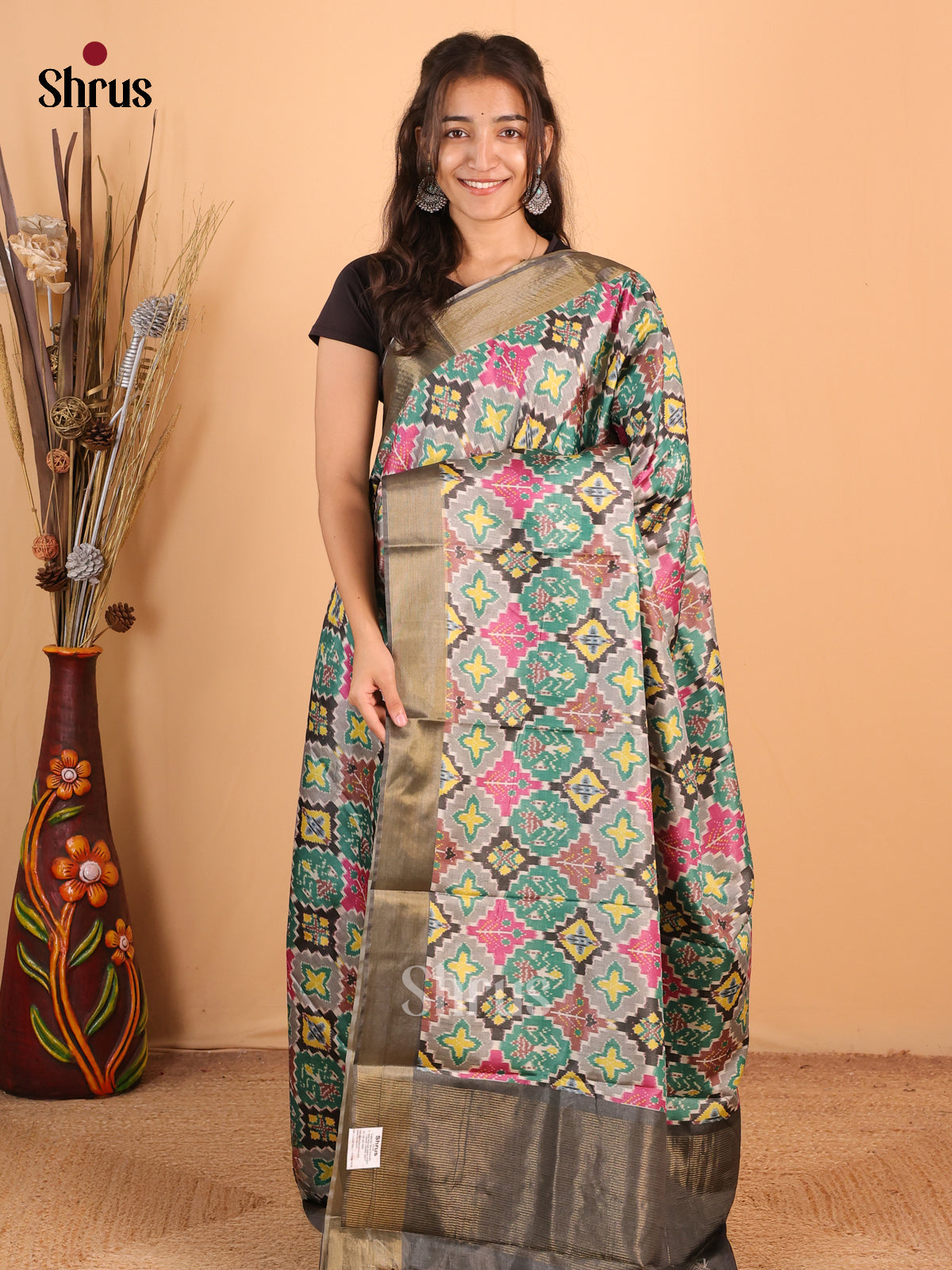 Grey & Green - Printed Tussar Saree - Shop on Shrus.com