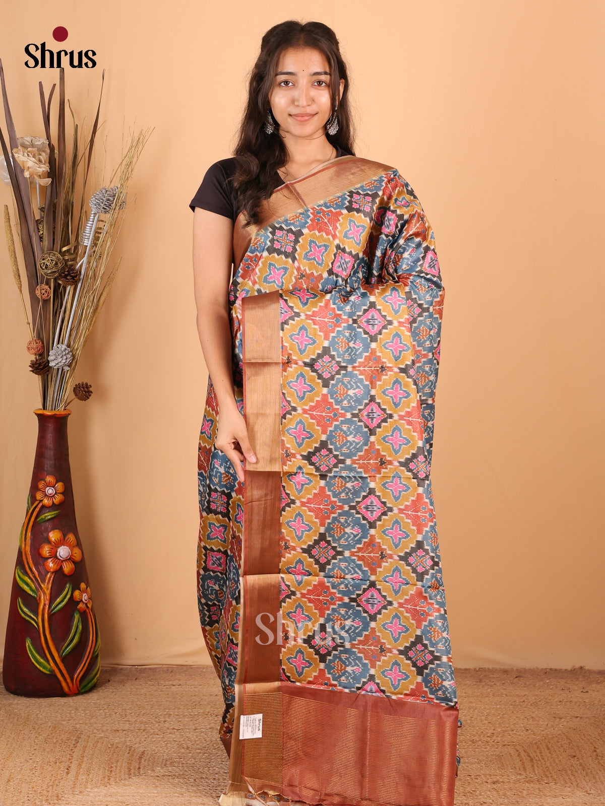 Mustard & Brown - Printed Tussar Saree - Shop on Shrus.com