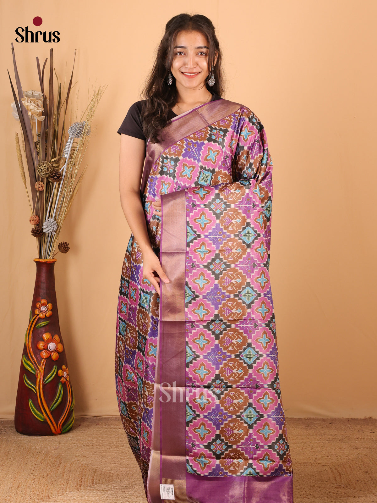 Purple - Printed Tussar Saree - Shop on Shrus.com